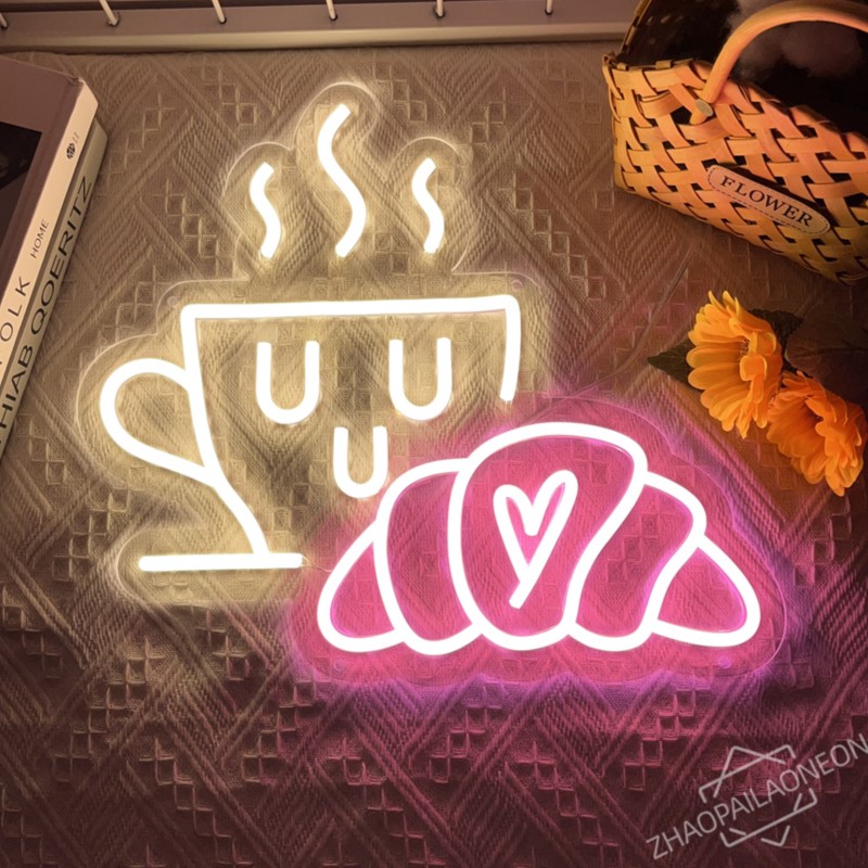 Commercial Kitchen Walls - กาแฟขนมปังป้ายนีออน Croissant Neon Light ร้านอาหารอาหารเช้า Shop