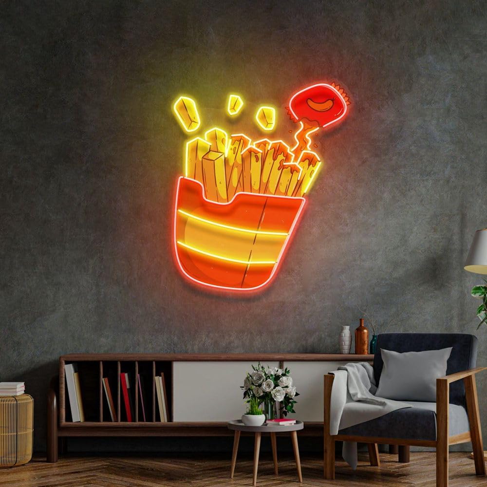 Commercial Kitchen Walls - ปากการูปหัวใจเฟรนช์ฟรายส์แบบสั่งทำสำหรับเครื่องตกแต่งฝาผนังอาหาร LED แสงนีออนสำหรับตกแต่งบ้านบาร์ห้องครัวร้านอาหารขนาด37*32ซม.