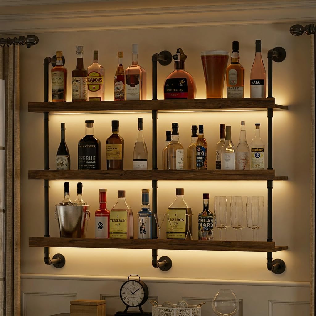 Commercial Kitchen Shed - ชั้นวางไวน์ติดผนังพร้อมไฟ LED แบบสามชั้น ชั้นวางลอยสำหรับจัดแสดงและเก็บขวดเหล้า ที่วางไวน์สไตล์โมเดิร์นสำหรับห้องครัว บาร์ในบ้าน