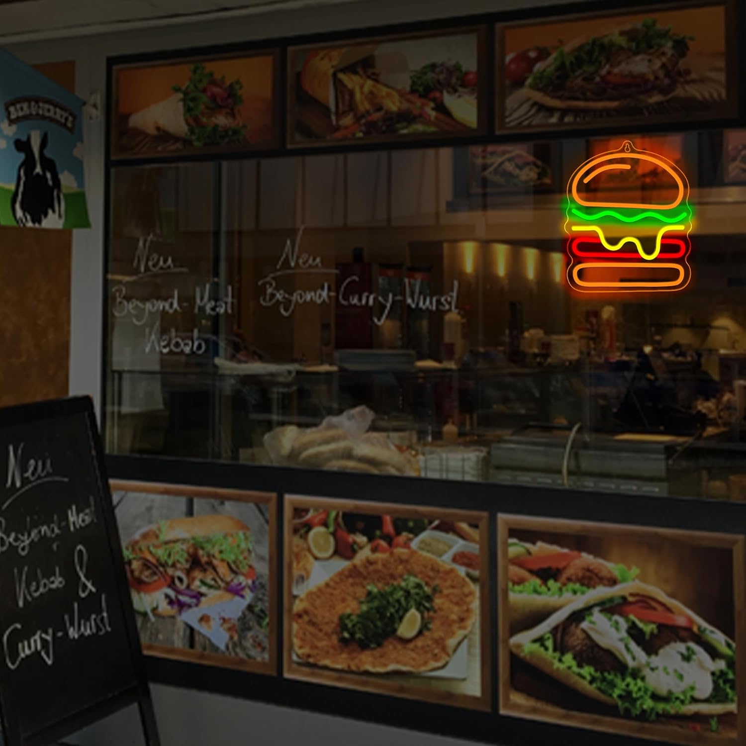 ป้ายไฟนีออนรูปเบอร์เกอร์พร้อมไ - Commercial Kitchen Walls บทวิจารณ์และราคา