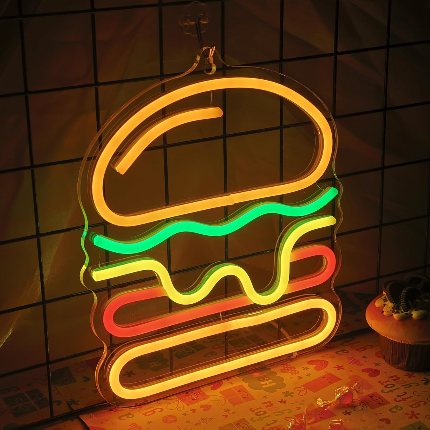 ป้ายไฟนีออนรูปเบอร์เกอร์พร้อมไ - Commercial Kitchen Walls บทวิจารณ์และราคา